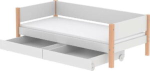 Bílá dětská postel s přírodními nohami a 2 zásuvkami Flexa White Single
