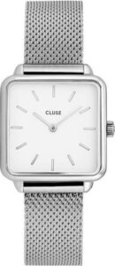 Dámské hodinky s hranatým ciferníkem a řemínkem ve stříbrné barvě Cluse La Tétragone CLUSE