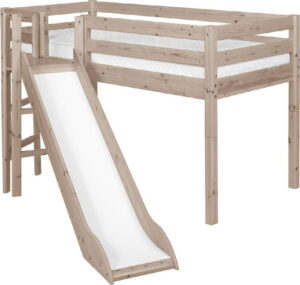 Hnědá středně vysoká dětská postel z borovicového dřeva se skluzavkou Flexa Classic