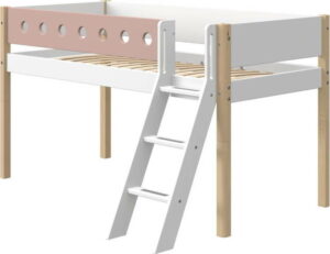 Růžovo-bílá dětská postel s žebříkem a nohami z březového dřeva Flexa White