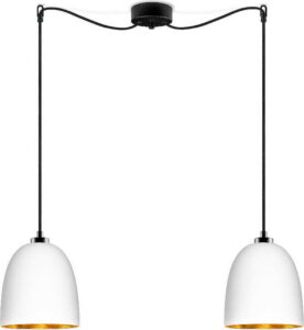 Bílé dvojité matné závěsné svítidlo s černým kabelem s detailem ve zlaté barvě Sotto Luce Awa Sotto Luce