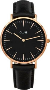 Dámské černé hodinky s koženým řemínkem a detaily v barvě růžového zlata Cluse La Bohéme CLUSE