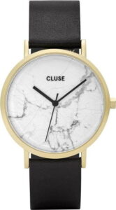 Dámské hodinky s černým koženým řemínkem a bílým mramorovým ciferníkem Cluse La Roche Star CLUSE