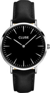 Dámské hodinky s černým koženým řemínkem a černým ciferníkem Cluse La Bohéme CLUSE