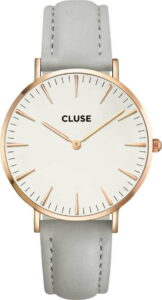 Dámské hodinky s šedým koženým řemínkem a detaily v barvě růžového zlata Cluse La Bohéme CLUSE