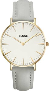 Dámské hodinky s šedým koženým řemínkem a detaily ve zlaté barvě Cluse La Bohéme CLUSE