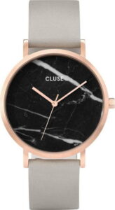 Dámské hodinky s šedým koženým řemínkem a mramorovým ciferníkem dekoru Cluse La Roche Rose CLUSE