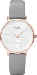 Dámské hodinky s šedým koženým řemínkem a s perleťovým ciferníkem Cluse Minuit CLUSE