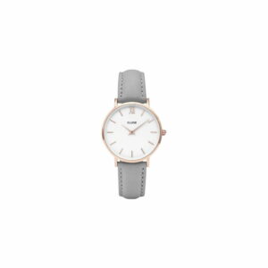 Dámské šedé hodinky s koženým řemínkem a detaily v růžovozlaté barvě Cluse Minuit CLUSE