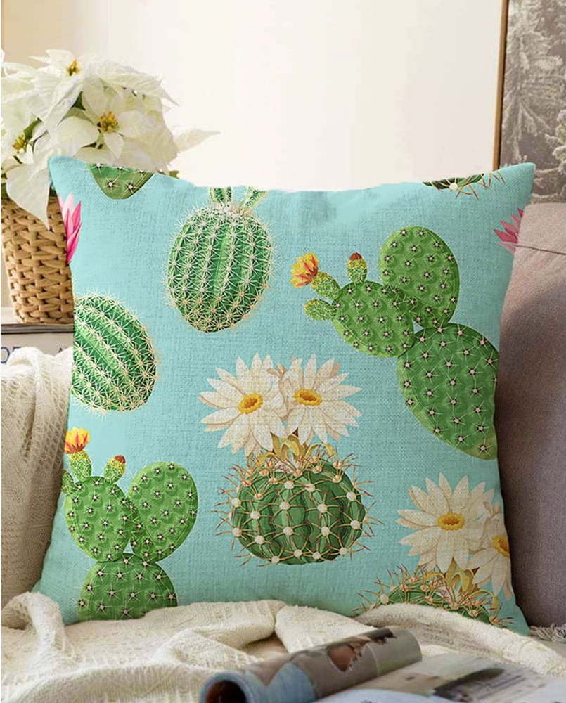 Modro-zelený povlak na polštář s příměsí bavlny Minimalist Cushion Covers Blooming Cactus