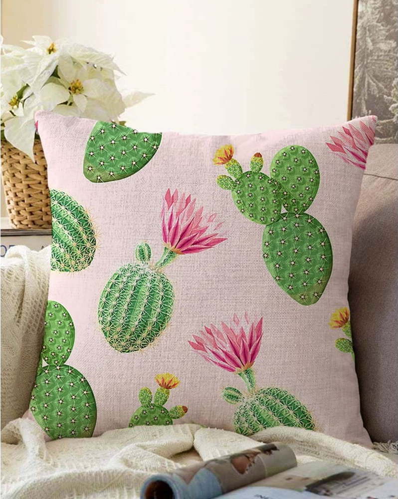 Růžovo-zelený povlak na polštář s příměsí bavlny Minimalist Cushion Covers Blooming Cactus