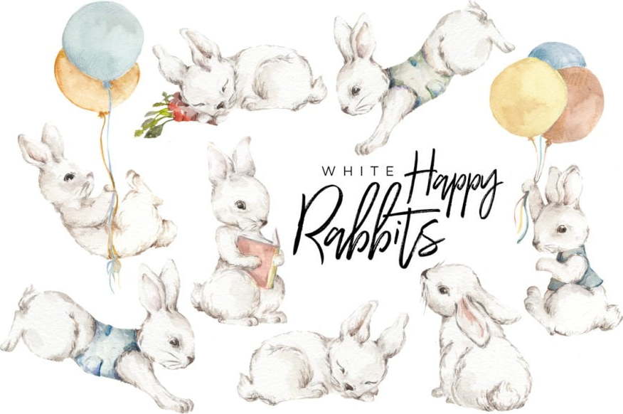 Sada 8 nástěnných samolepek Dekornik White Happy Rabbits Dekornik