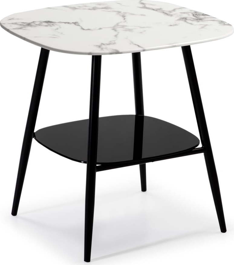Bílo-černý odkládací stolek se skleněnou deskou v mramorovém dekoru Marckeric Alina Marckeric