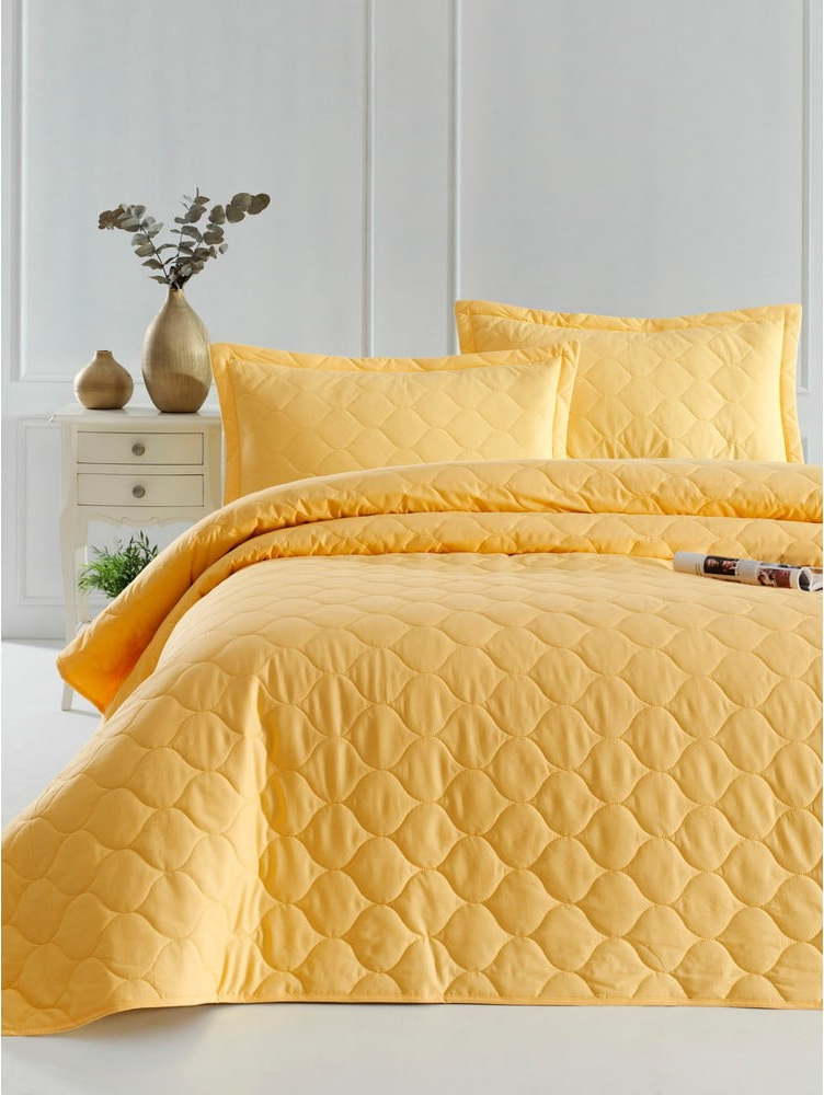 Žlutý přehoz přes postel se 2 povlaky na polštář z ranforce bavlny EnLora Home Fresh