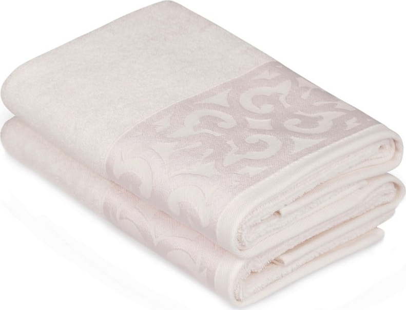 Sada 2 bílých bavlněných ručníků na ruce s krémovým lemováním Grace