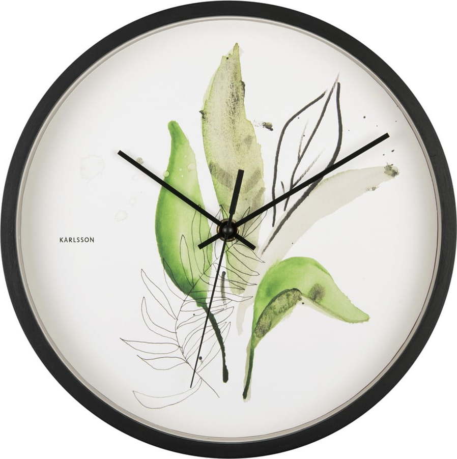 Zeleno-bílé nástěnné hodiny v černém rámu Karlsson Leaves