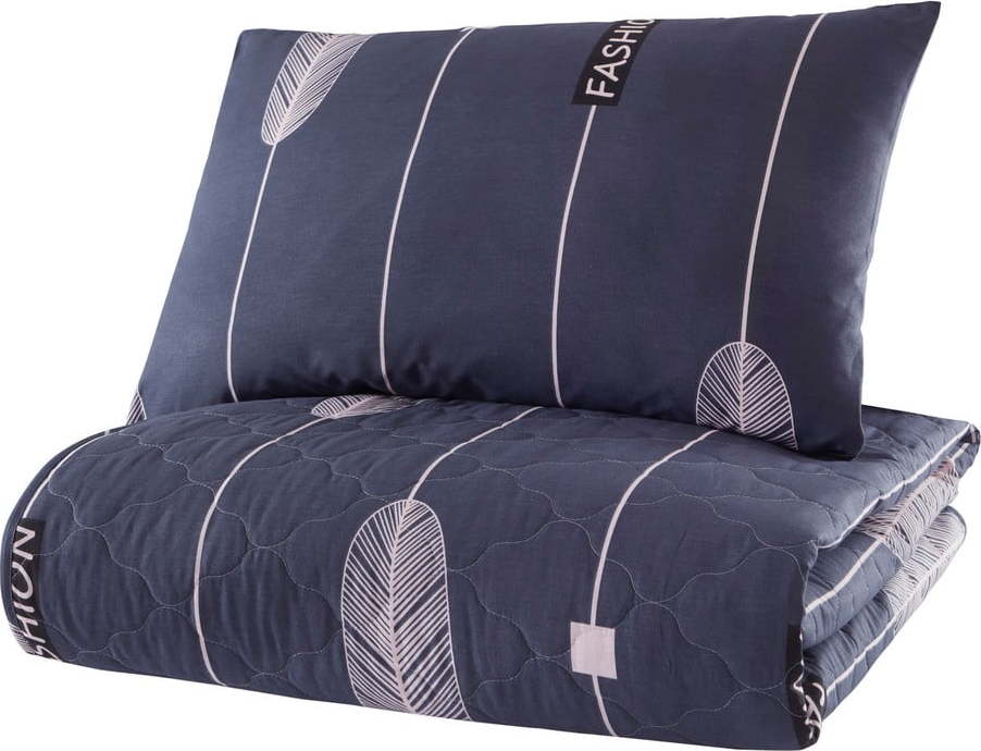 Modrý přehoz přes postel s povlakem na polštář z ranforce bavlny EnLora Home Modena