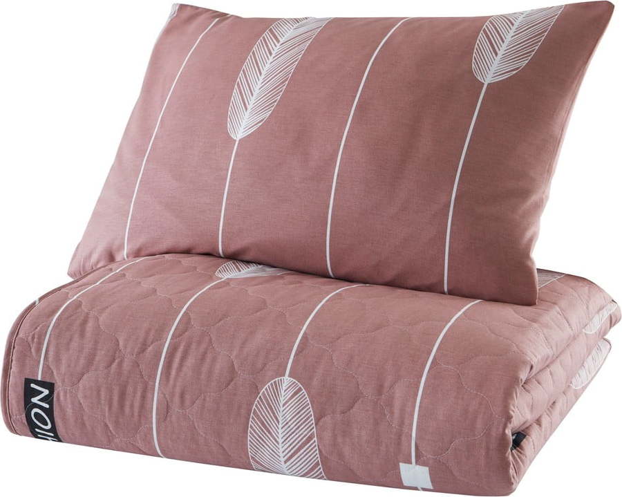 Růžový přehoz přes postel s povlakem na polštář z ranforce bavlny EnLora Home Modena