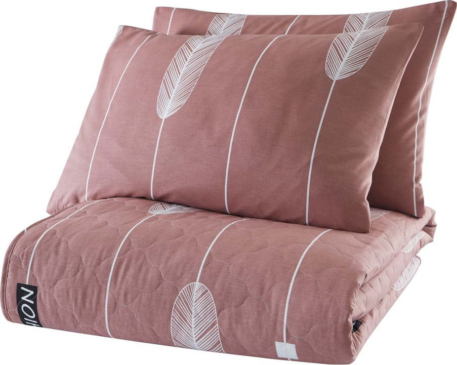 Růžový přehoz přes postel se 2 povlaky na polštář z ranforce bavlny EnLora Home Modena