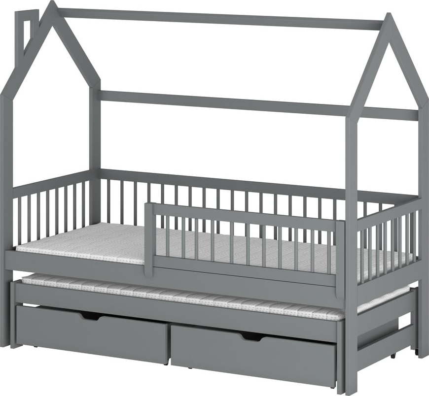 Šedá domečková dětská postel s úložným prostorem 70x160 cm Papi - Lano Meble Lano Meble
