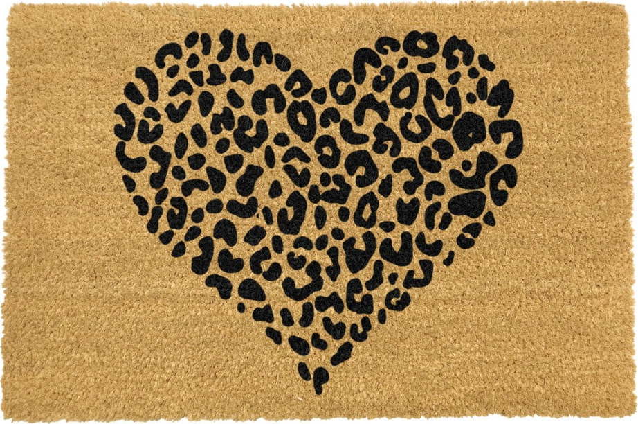 Černá rohožka z přírodního kokosového vlákna Artsy Doormats Leopard Heart