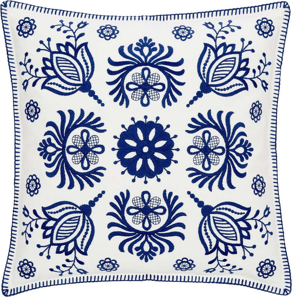 Modro-bílý bavlněný dekorativní povlak na polštář Westwing Collection Folk