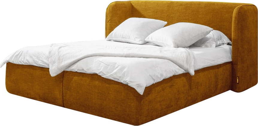 Okrově žlutá čalouněná dvoulůžková postel s úložným prostorem s roštem 180x200 cm Louise – Bobochic Paris Bobochic Paris