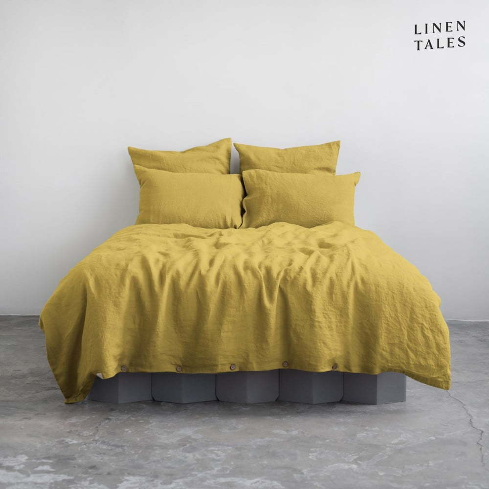 Žluté lněné prodloužené povlečení na dvoulůžko 200x220 cm – Linen Tales Linen Tales