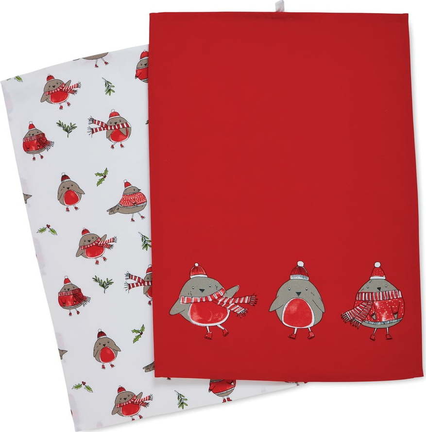 Bavlněné utěrky v sadě 2 ks s vánočním motivem 50x70 cm Christmas Robins – Catherine Lansfield Catherine Lansfield