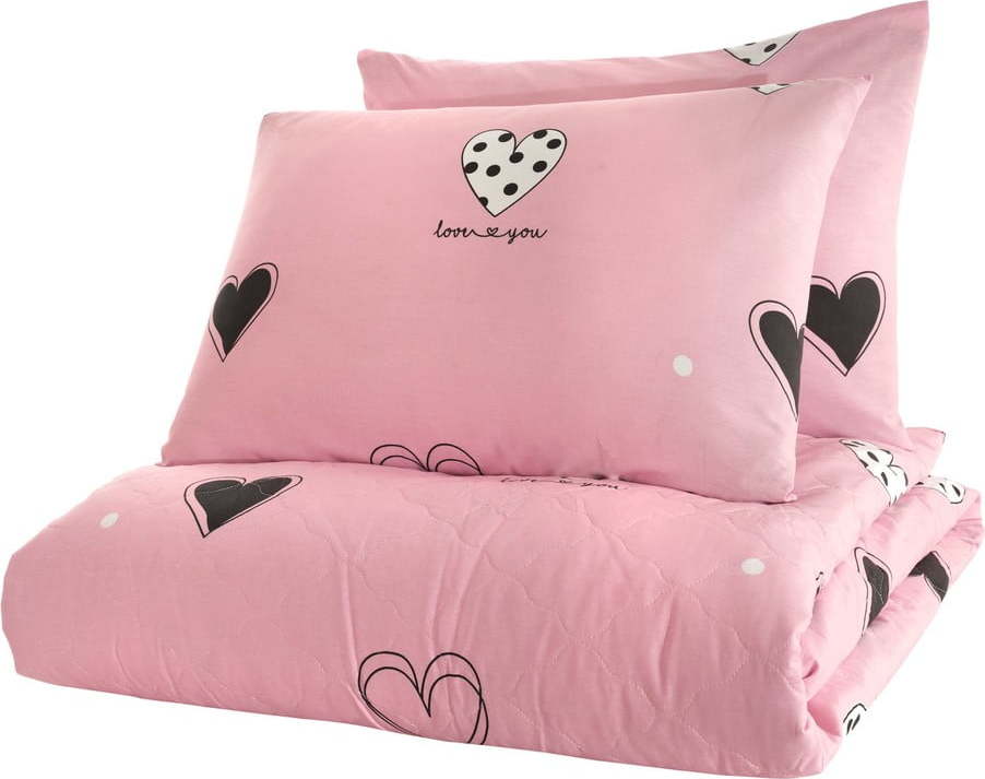 Růžový přehoz přes postel se 2 povlaky na polštář z ranforce bavlny Mijolnir Hati