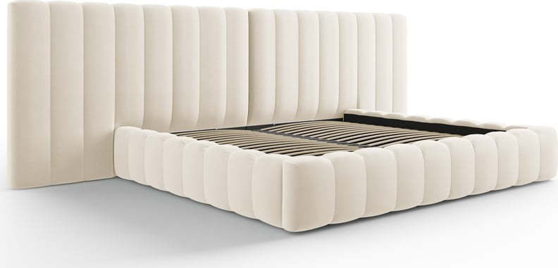 Béžová čalouněná dvoulůžková postel s úložným prostorem a roštem 200x200 cm Gina – Milo Casa Milo Casa